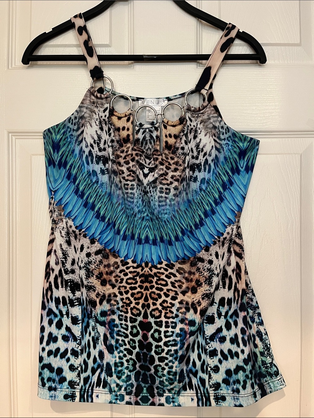 VENUS Multicolor Animal Print Tank with Blue-Green Feather Accents